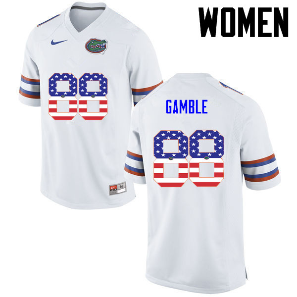 Women Florida Gators #88 Kemore Gamble College Football USA Flag Fashion Jerseys-White - Click Image to Close
